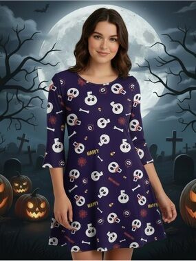 Halloween Dress Skulls St John's‎ Bay Purple Color Women’s Size L New